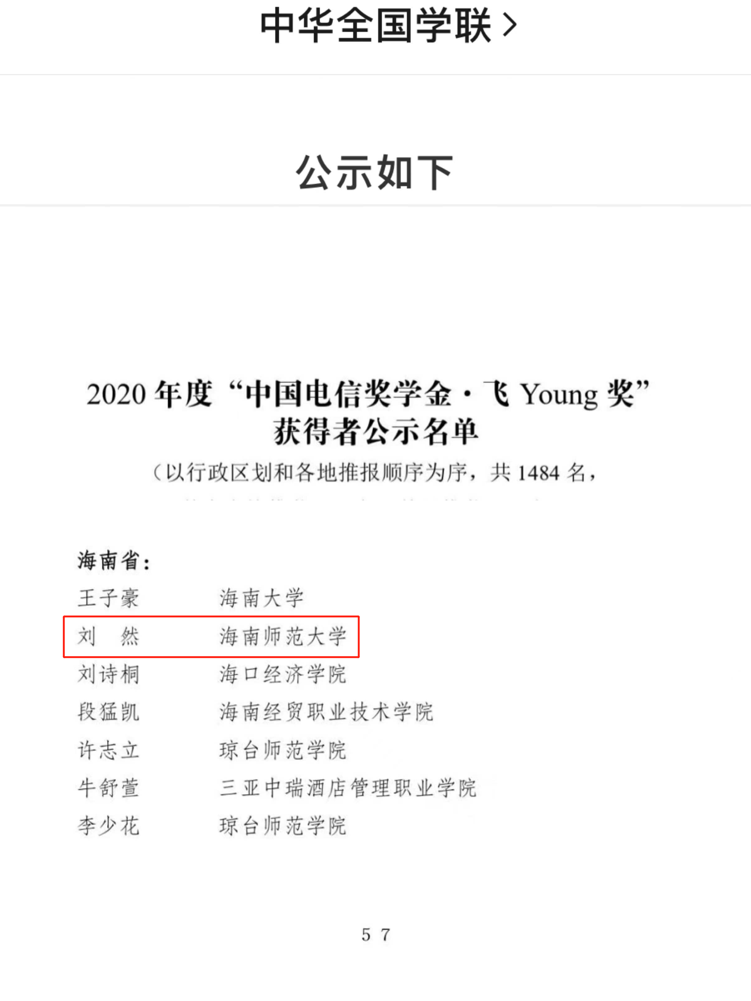 我院18级经济学专业刘然同学喜获2020年度“中国电信奖学金”